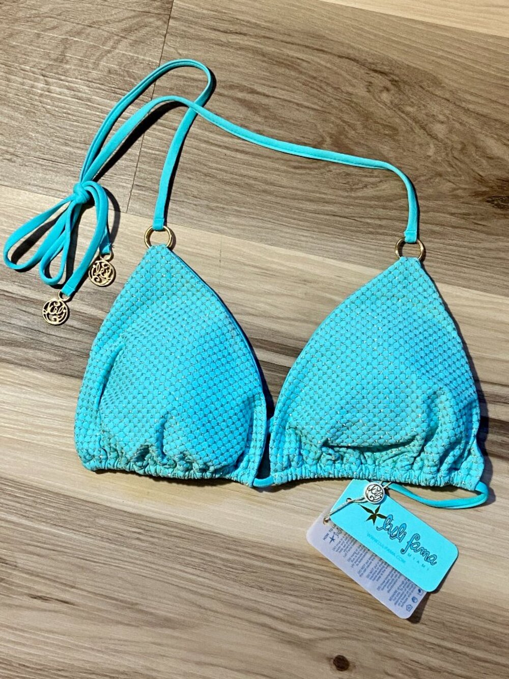 Luli Fama Miami Ring Seamless Triangle Bikini Swim Top Aqua Sunkiss Glow L NWT